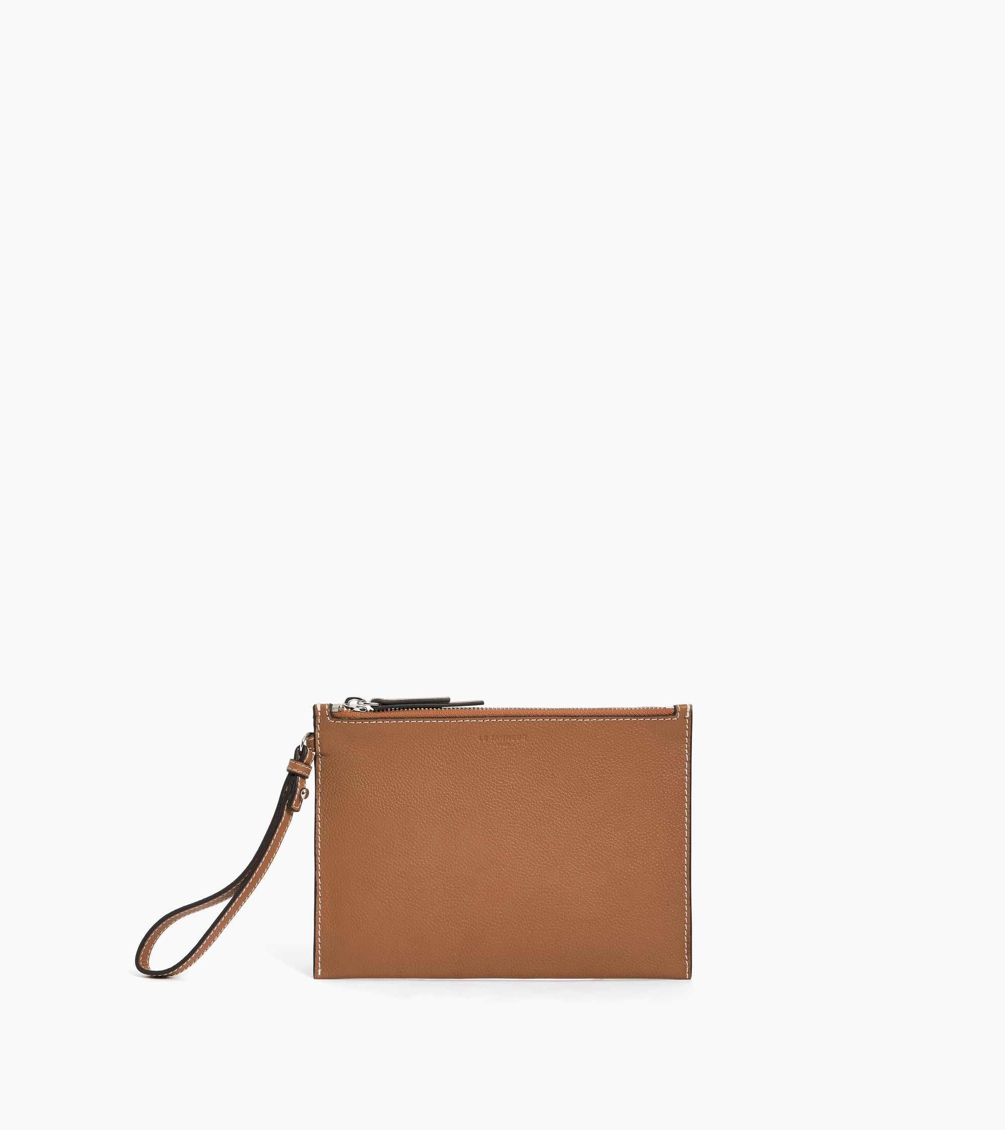 Zipped pouch with a grained leather strap