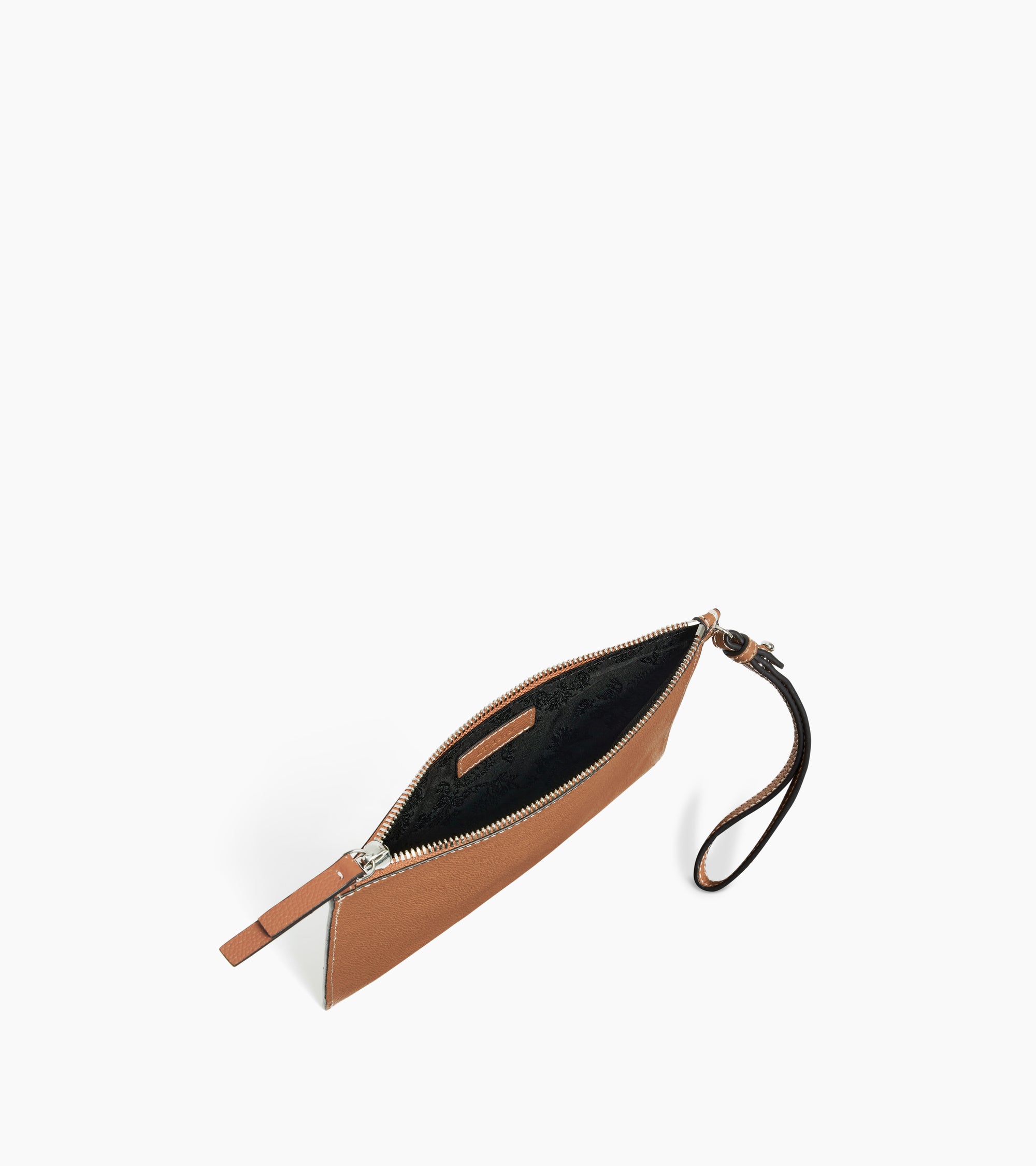 Zipped pouch with a grained leather strap