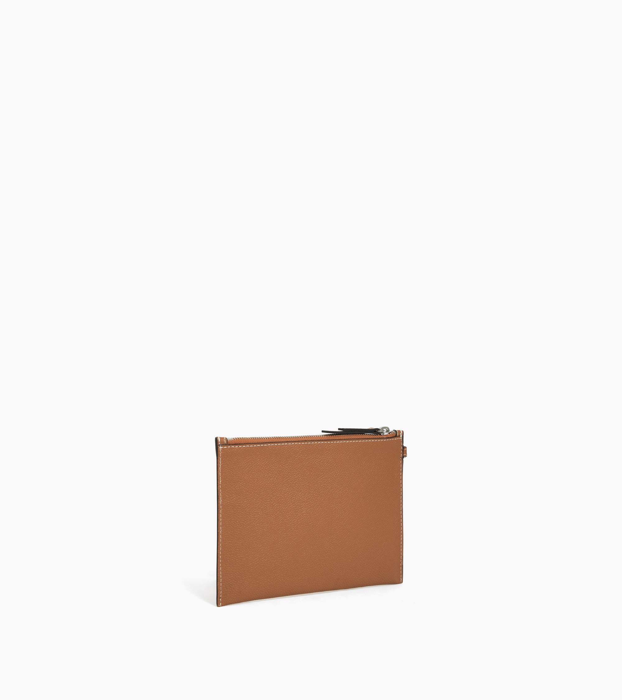 Zipped pouch with a grained leather strap
