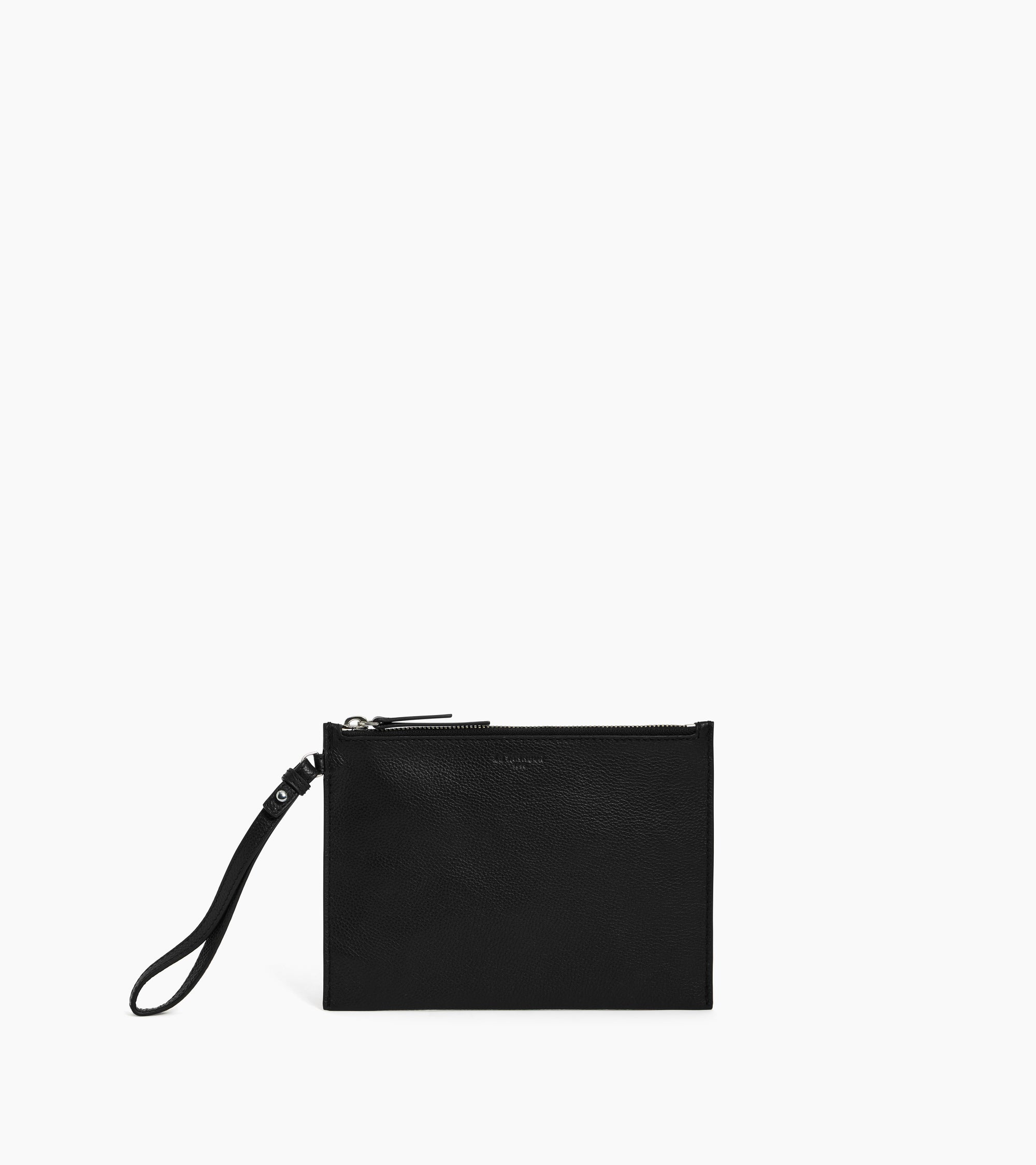 Zipped pouch with a grained leather strap