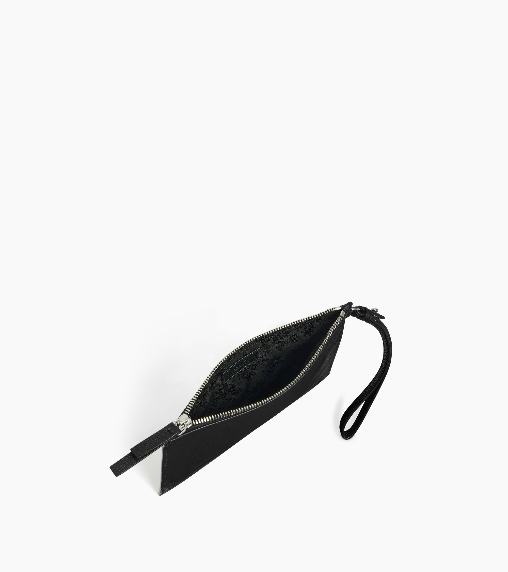 Zipped pouch with a grained leather strap