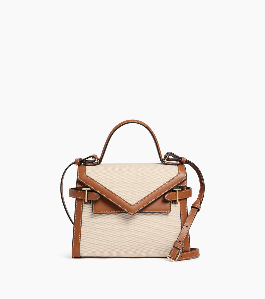 Emilie medium double flap handbag in cotton canvas and smooth leather