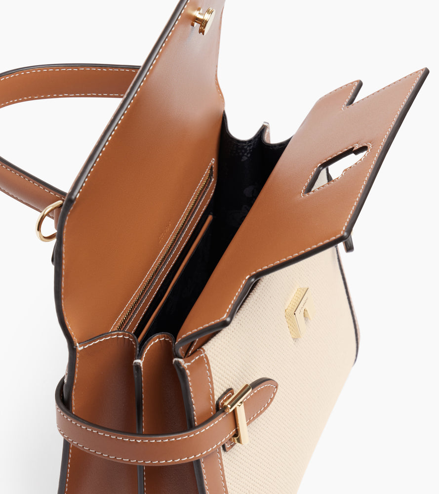 Emilie medium double flap handbag in cotton canvas and smooth leather