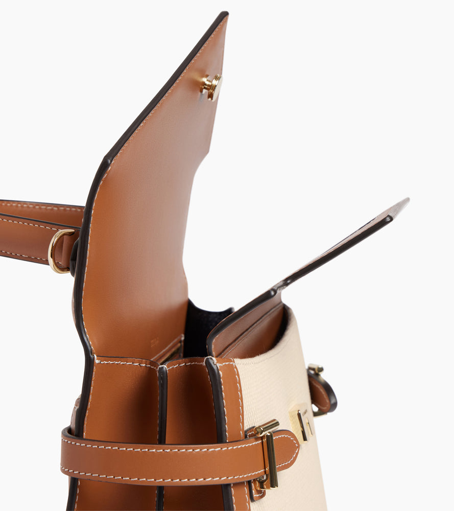 Emilie medium double flap handbag in cotton canvas and smooth leather