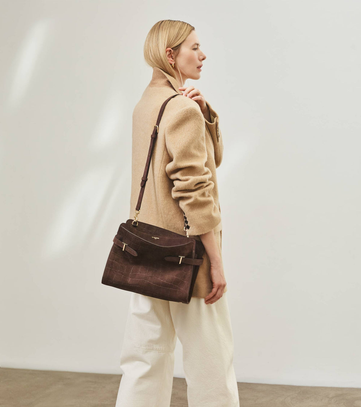 Emie large shoulder bag in mock croc suede split leather