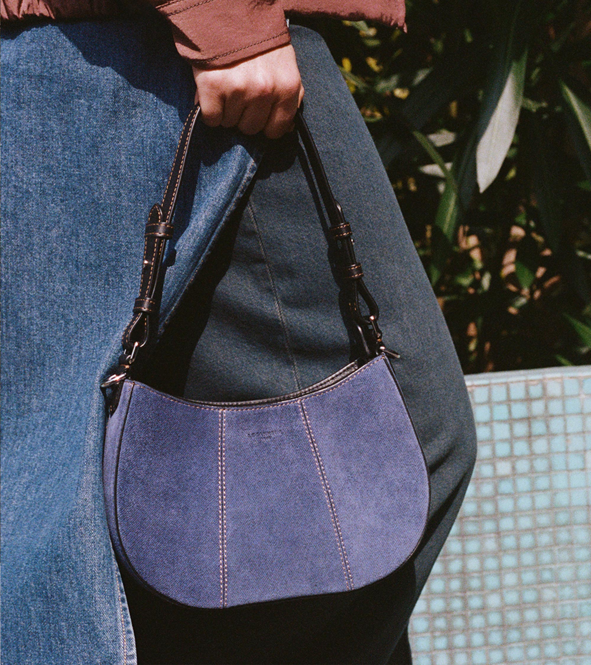 Juliette small half-moon bag in denim-effect suede leather