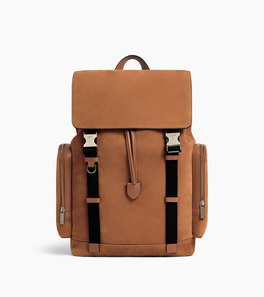 brown leather flap backpack Maurice backpack in grained nubuck leather with a flap