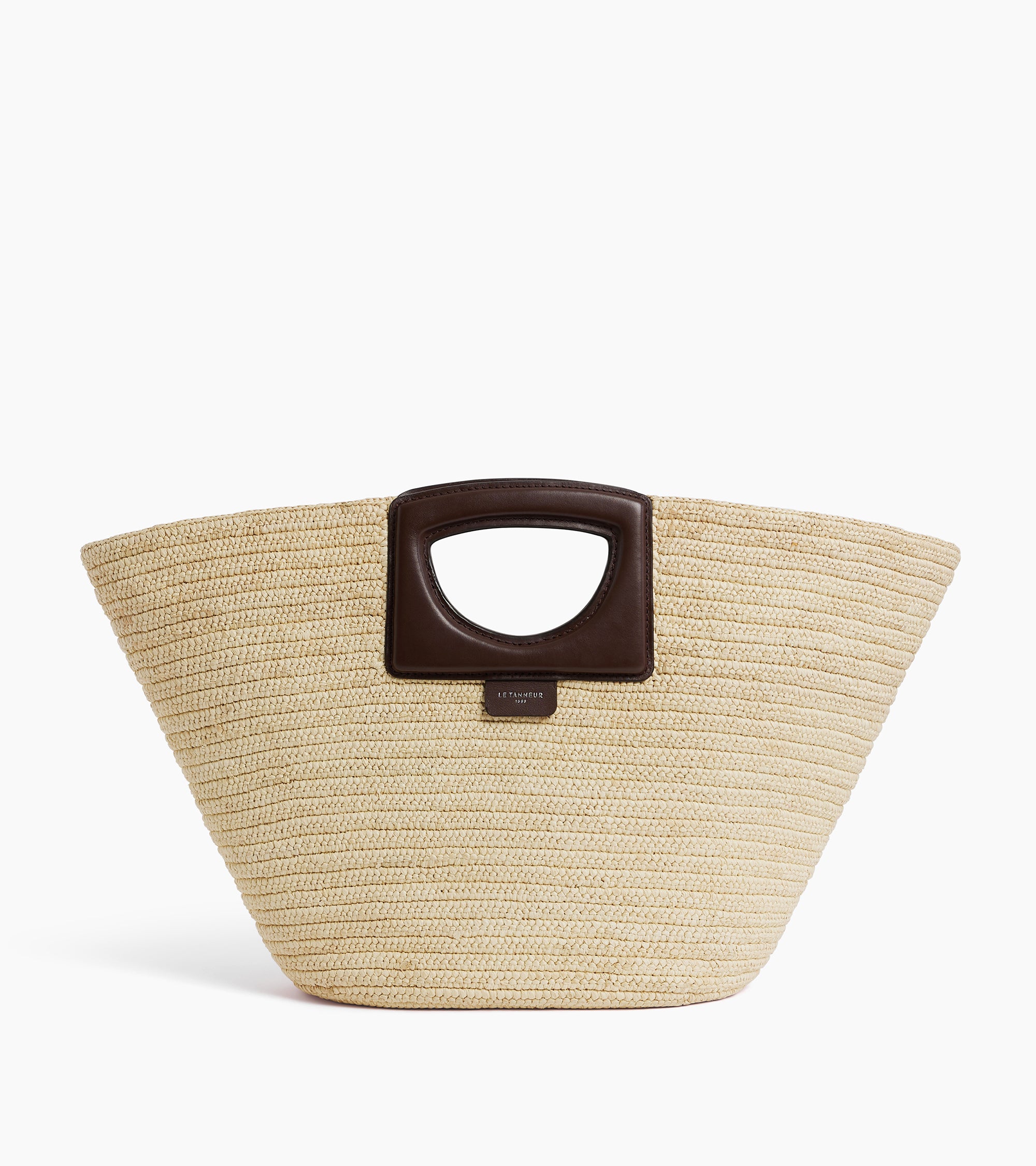Large tote bag in natural raffia and smooth vegetable leather