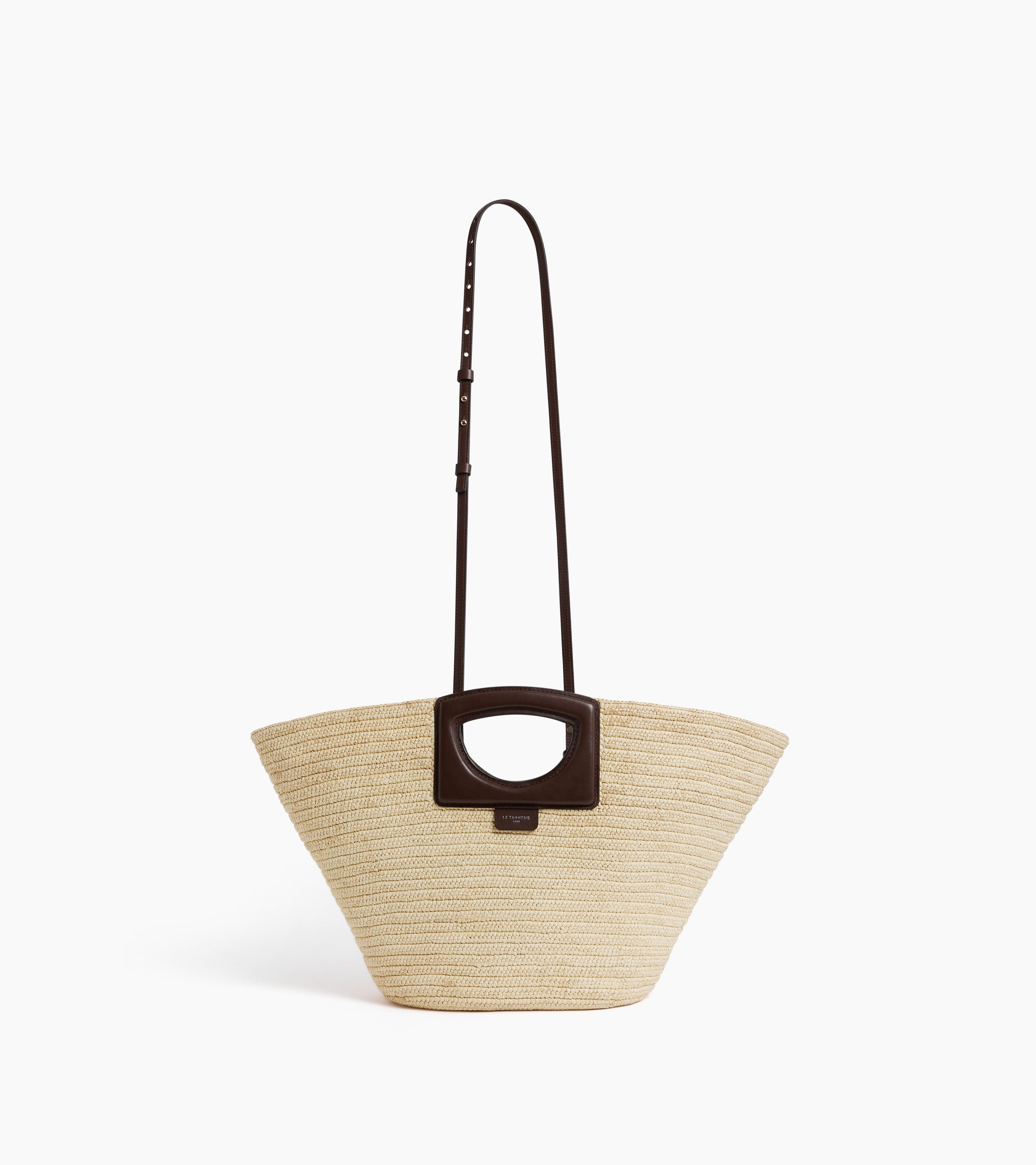 Large tote bag in natural raffia and smooth vegetable leather