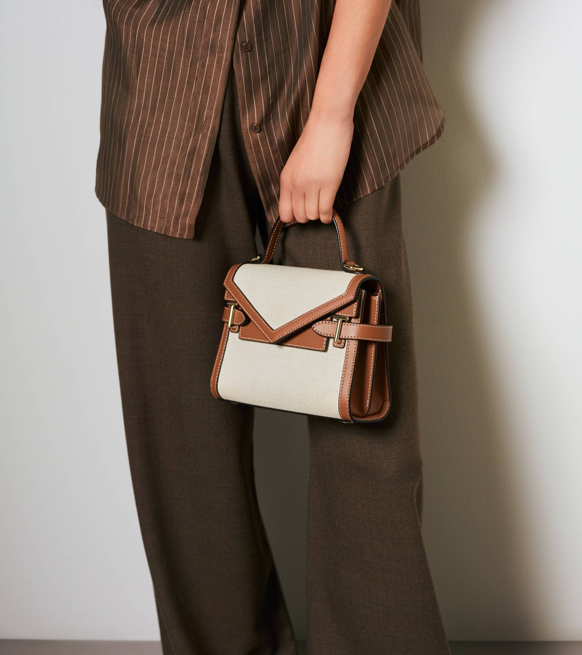 Emilie small handbag in natural canvas and smooth leather with double flap