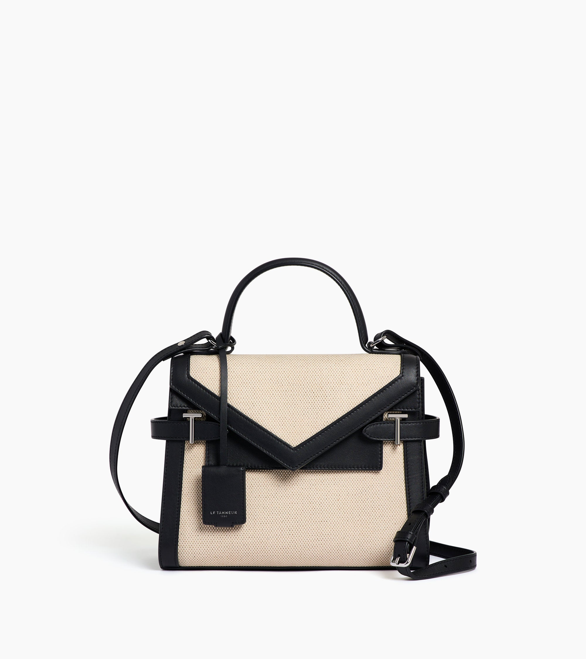 Emilie medium double flap handbag in cotton canvas and smooth leather