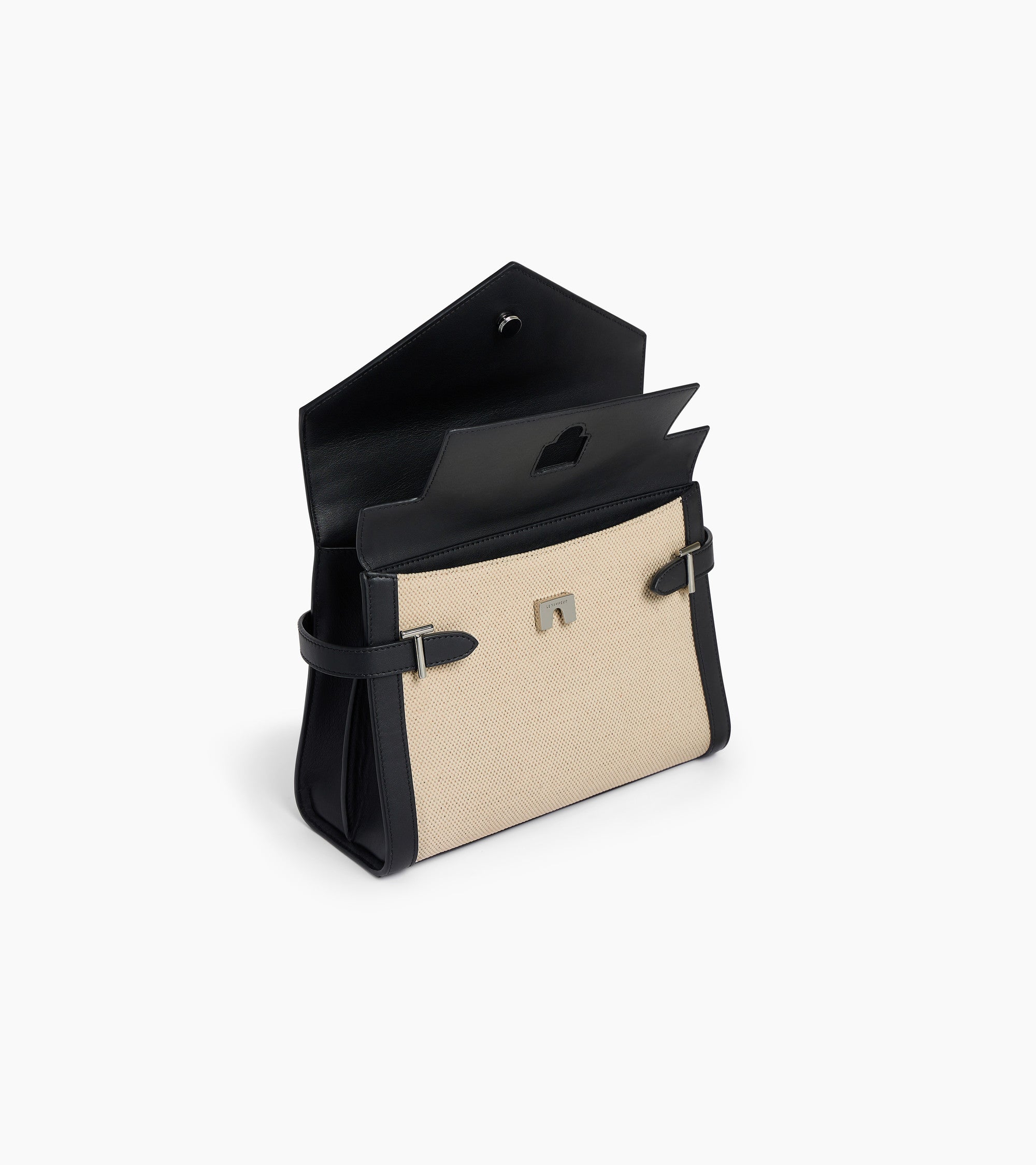 Emilie medium double flap handbag in cotton canvas and smooth leather