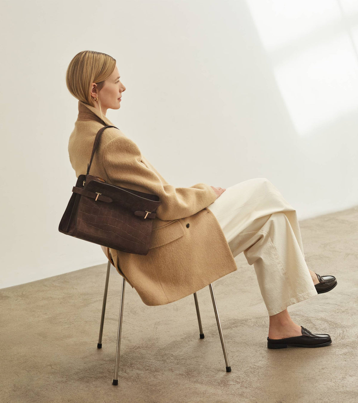 Emie large shoulder bag in mock croc suede split leather
