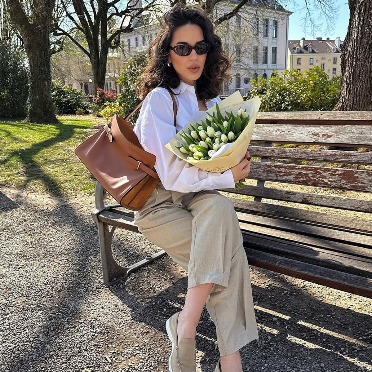Emie medium handbag in smooth leather and suede Brown Tan